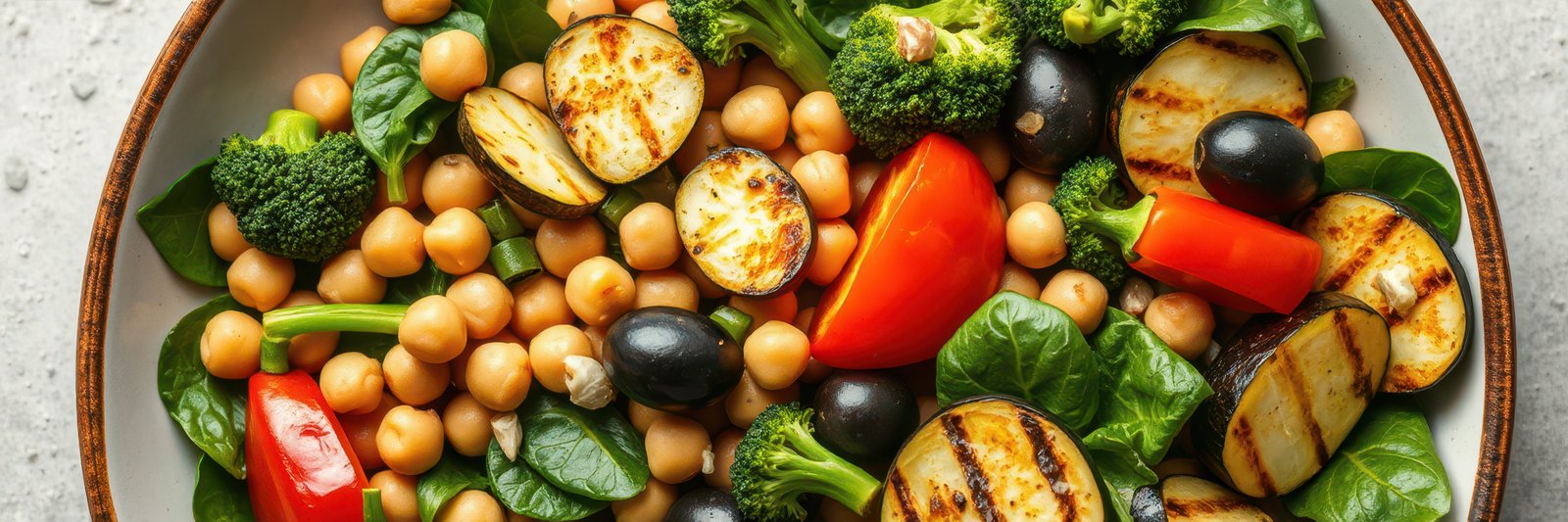 Colorful and nutritious salad featuring chickpeas, grilled vegetables, and fresh greens prepared in a bowl for a healthy meal option